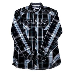 BKE Mens Large Athletic Fit Plaid Button Down Shirt Black Teal Western Cowboy